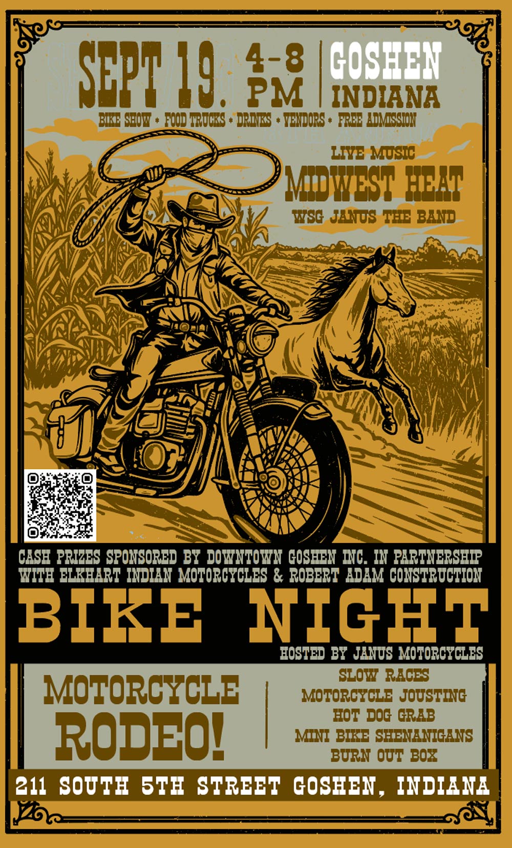 A stylized image of a motorcycle rider with a lasso chasing down a horse